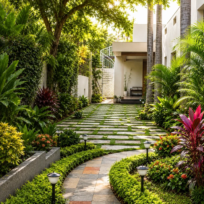 Premium tropical villa garden in Chennai by Ezhil Gardens